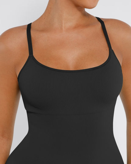 Salopeta Neagra Seamless cu Bretele Subtiri Reglabile și Susținere Abdominală – Modelatoare si Comfort Fit ptr Sala