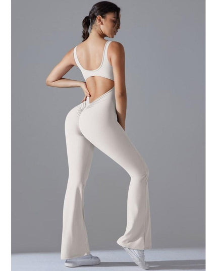 Salopetă Sport Femei Crem, Model Fitness cu Spate Gol, Efect Push-Up, Material Elastic cu Uscare Rapidă, Croială Evazată Ideală pentru Yoga și