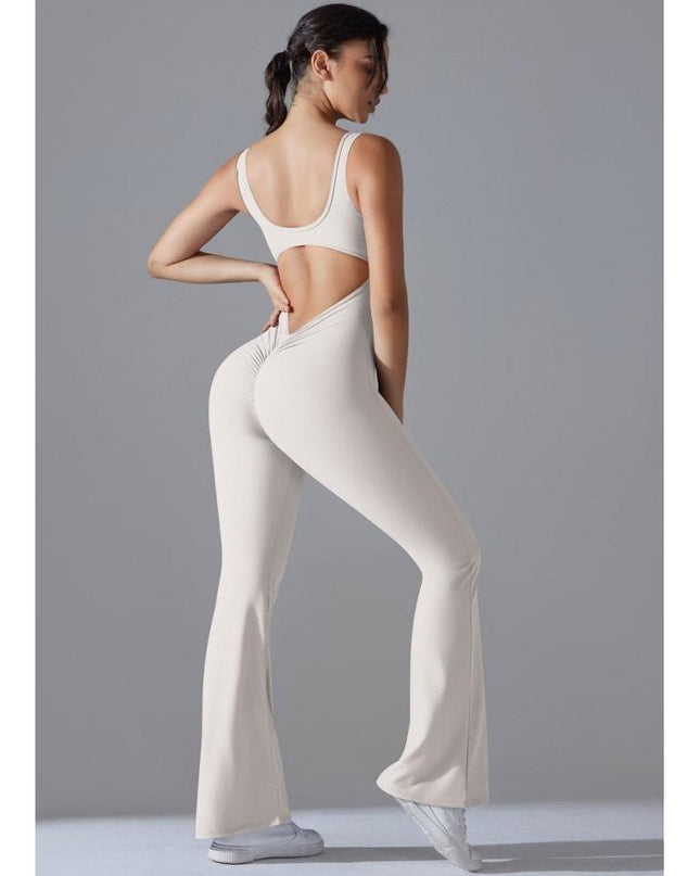 Salopetă Sport Femei Crem, Model Fitness cu Spate Gol, Efect Push-Up, Material Elastic cu Uscare Rapidă, Croială Evazată Ideală pentru Yoga și