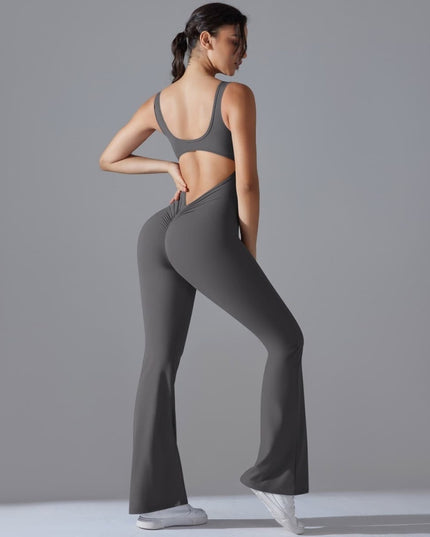 Salopetă Sport Femei Gri Închis, Model Fitness cu Spate Gol, Efect Push-Up, Material Elastic cu Uscare Rapidă, Croială Evazată Ideală pentru Yoga