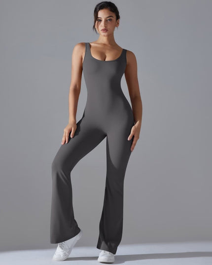 Salopetă Sport Femei Gri Închis, Model Fitness cu Spate Gol, Efect Push-Up, Material Elastic cu Uscare Rapidă, Croială Evazată Ideală pentru Yoga