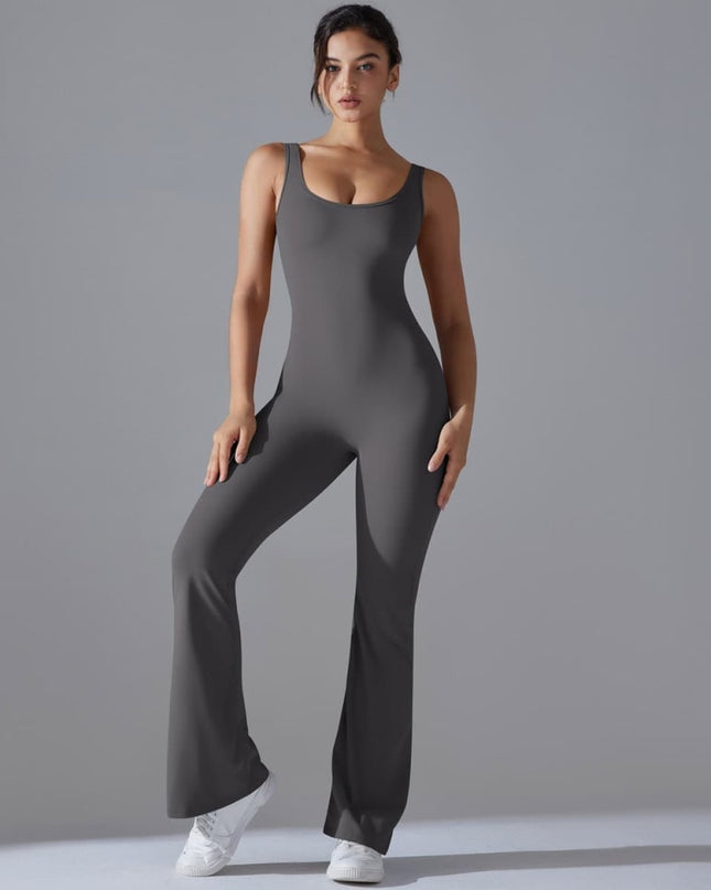 Salopetă Sport Femei Gri Închis, Model Fitness cu Spate Gol, Efect Push-Up, Material Elastic cu Uscare Rapidă, Croială Evazată Ideală pentru Yoga