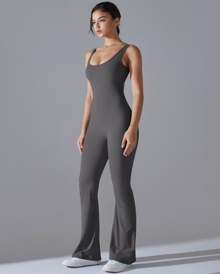 Salopetă Sport Femei Gri Închis, Model Fitness cu Spate Gol, Efect Push-Up, Material Elastic cu Uscare Rapidă, Croială Evazată Ideală pentru Yoga