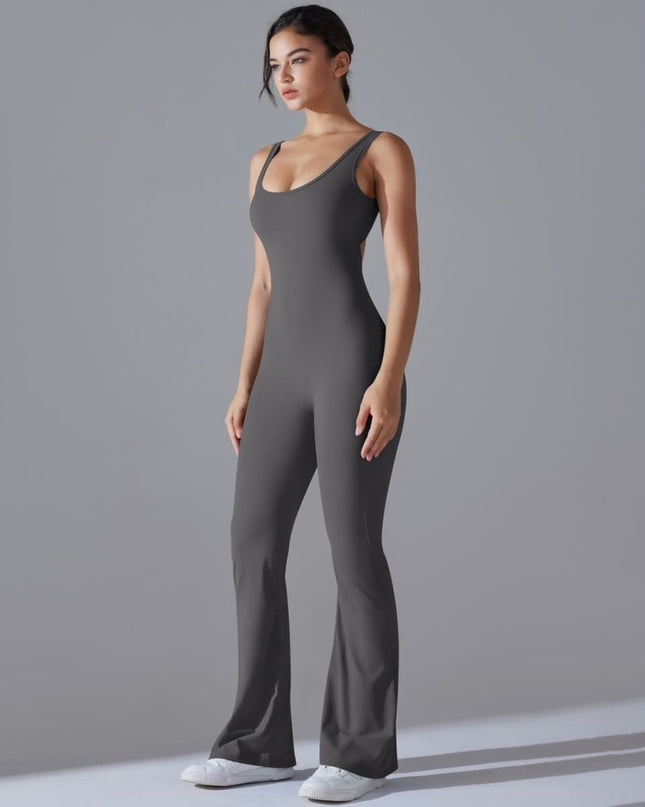 Salopetă Sport Femei Gri Închis, Model Fitness cu Spate Gol, Efect Push-Up, Material Elastic cu Uscare Rapidă, Croială Evazată Ideală pentru Yoga