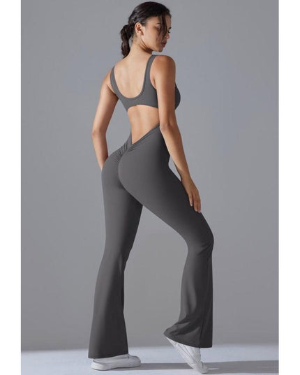 Salopetă Sport Femei Gri Închis, Model Fitness cu Spate Gol, Efect Push-Up, Material Elastic cu Uscare Rapidă, Croială Evazată Ideală pentru Yoga