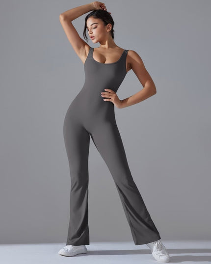 Salopetă Sport Femei Gri Închis, Model Fitness cu Spate Gol, Efect Push-Up, Material Elastic cu Uscare Rapidă, Croială Evazată Ideală pentru Yoga