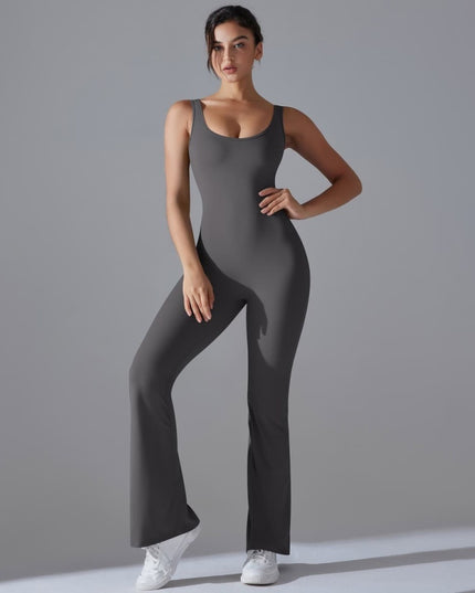 Salopetă Sport Femei Gri Închis, Model Fitness cu Spate Gol, Efect Push-Up, Material Elastic cu Uscare Rapidă, Croială Evazată Ideală pentru Yoga