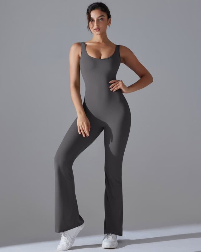 Salopetă Sport Femei Gri Închis, Model Fitness cu Spate Gol, Efect Push-Up, Material Elastic cu Uscare Rapidă, Croială Evazată Ideală pentru Yoga