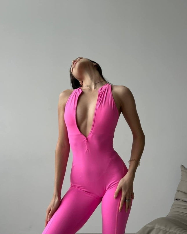 Salopetă Sport Magenta Lungă cu Design Unic Spate Gol - Perfectă pentru Fitness, Yoga și Activități Casual