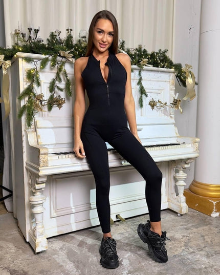 Salopetă Sport Neagra Lungă cu Design Unic Spate Gol - Perfectă pentru Fitness, Yoga și Activități Casual