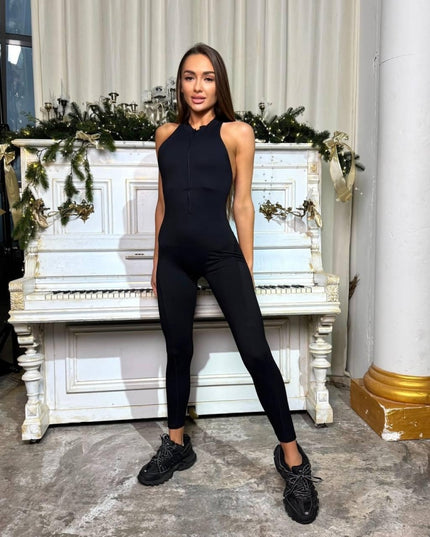 Salopetă Sport Neagra Lungă cu Design Unic Spate Gol - Perfectă pentru Fitness, Yoga și Activități Casual
