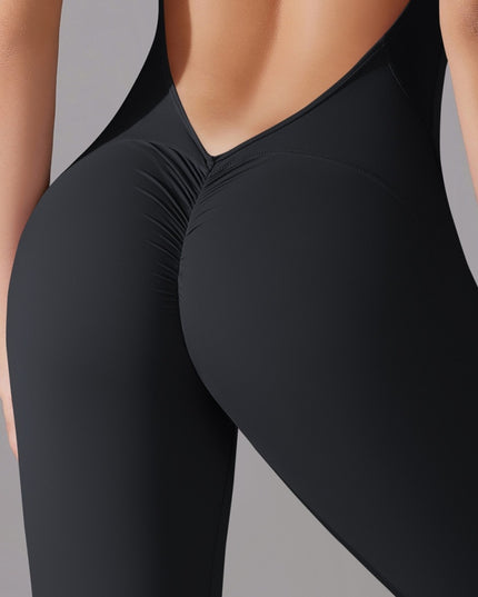 Salopetă Sport Neagra Lungă cu Design Unic Spate Gol - Perfectă pentru Fitness, Yoga și Activități Casual