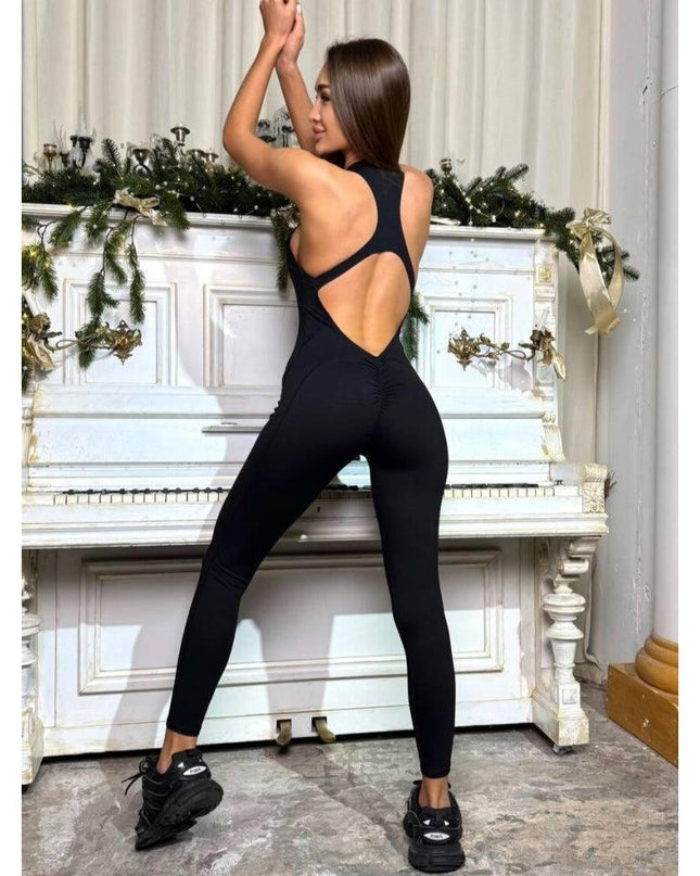 Salopetă Sport Neagra Lungă cu Design Unic Spate Gol - Perfectă pentru Fitness, Yoga și Activități Casual