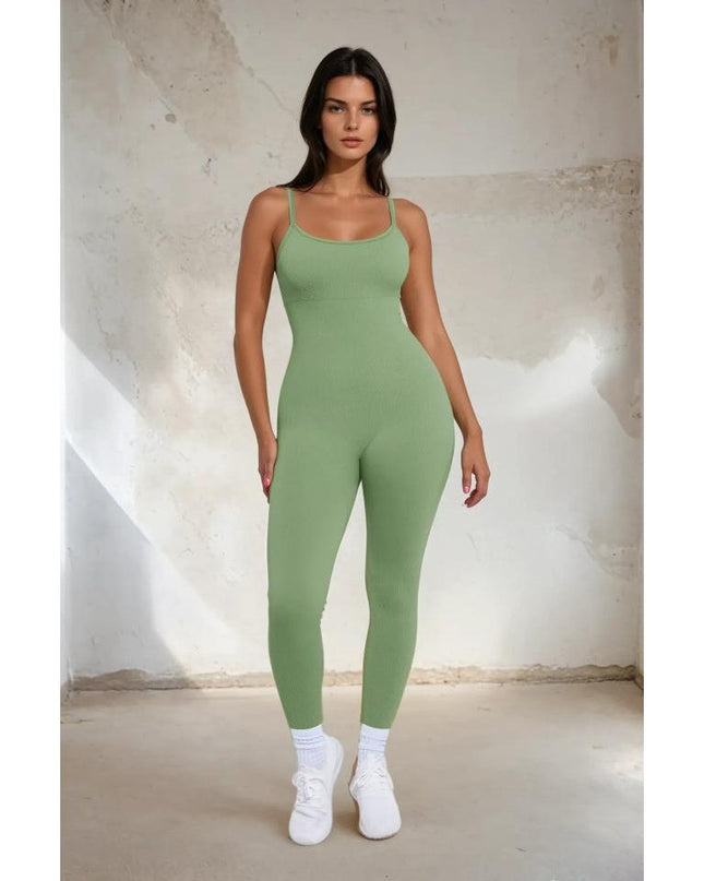 Salopetă Verde Seamless cu Bretele Subtiri Reglabile și Susținere Abdominală – Modelatoare si Comfort Fit ptr Sala