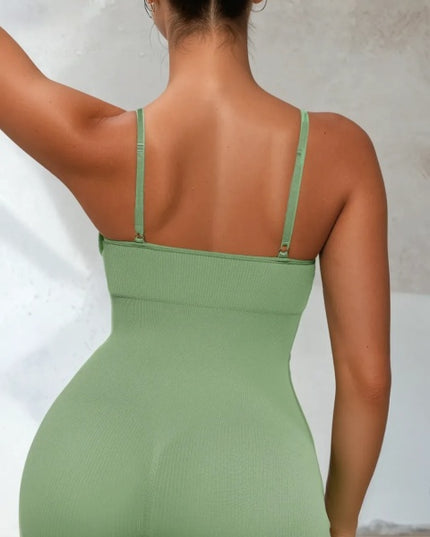 Salopetă Verde Seamless cu Bretele Subtiri Reglabile și Susținere Abdominală – Modelatoare si Comfort Fit ptr Sala