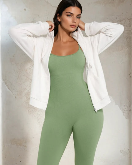Salopetă Verde Seamless cu Bretele Subtiri Reglabile și Susținere Abdominală – Modelatoare si Comfort Fit ptr Sala