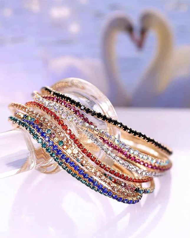 Set 7 Bratari Femei Multicolore Cu Pietre Stralucitoare, Bratari Reglabile Fashion, Accesorii Colorate Elegante, Model Glam