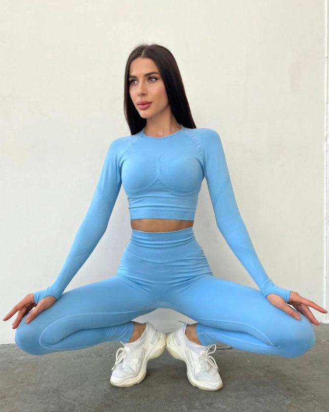 Set Albastru Deschis din Două Piese cu Top și Colanți, Design Seamless, Efect Push-up Evidențierea Siluetei, Inclusiv Bluza cu Mâneci Lungi