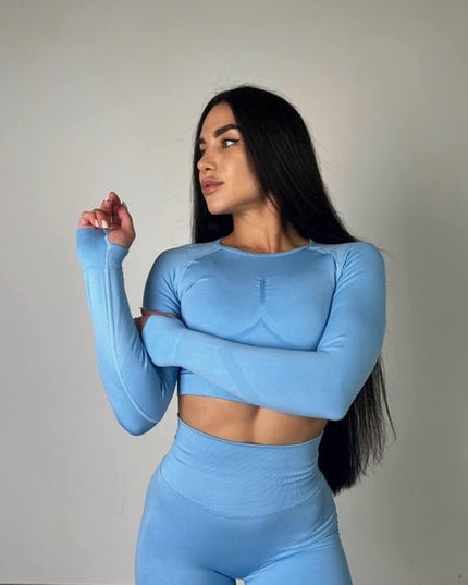 Set Albastru Deschis din Două Piese cu Top și Colanți, Design Seamless, Efect Push-up Evidențierea Siluetei, Inclusiv Bluza cu Mâneci Lungi