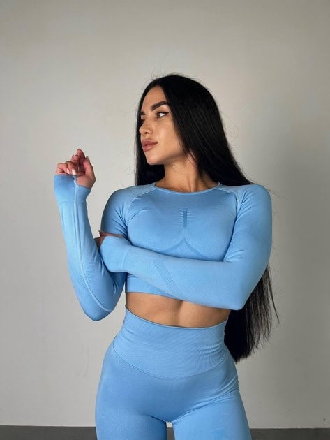 Set Albastru Deschis din Două Piese cu Top și Colanți, Design Seamless, Efect Push-up Evidențierea Siluetei, Inclusiv Bluza cu Mâneci Lungi