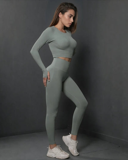 Set Gri din Două Piese cu Top și Colanți, Design Seamless, Efect Push-up Evidențierea Siluetei, Inclusiv Bluza cu Mâneci Lungi