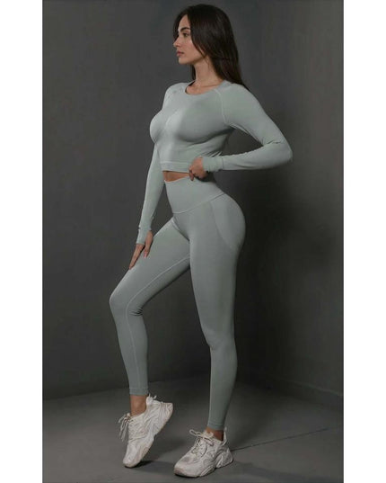 Set Gri din Două Piese cu Top și Colanți, Design Seamless, Efect Push-up Evidențierea Siluetei, Inclusiv Bluza cu Mâneci Lungi