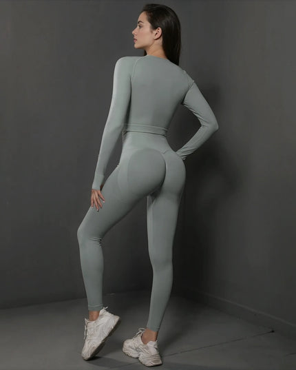 Set Gri din Două Piese cu Top și Colanți, Design Seamless, Efect Push-up Evidențierea Siluetei, Inclusiv Bluza cu Mâneci Lungi