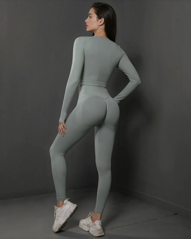 Set Gri din Două Piese cu Top și Colanți, Design Seamless, Efect Push-up Evidențierea Siluetei, Inclusiv Bluza cu Mâneci Lungi