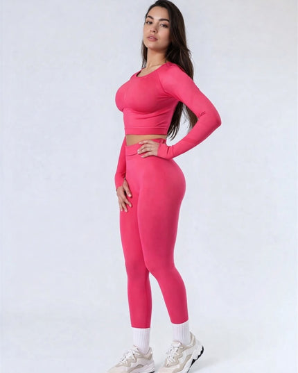 Set Roz din Două Piese cu Top și Colanți, Design Seamless, Efect Push-up Evidențierea Siluetei, Inclusiv Bluza cu Mâneci Lungi