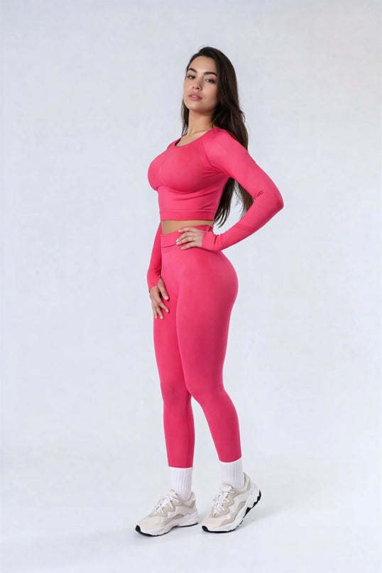 Set Roz din Două Piese cu Top și Colanți, Design Seamless, Efect Push-up Evidențierea Siluetei, Inclusiv Bluza cu Mâneci Lungi