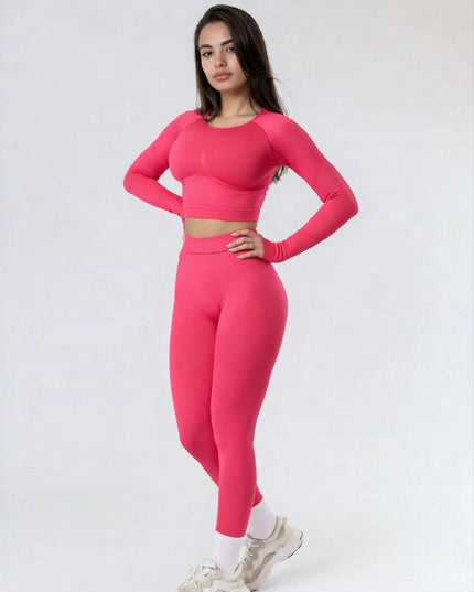 Set Roz din Două Piese cu Top și Colanți, Design Seamless, Efect Push-up Evidențierea Siluetei, Inclusiv Bluza cu Mâneci Lungi