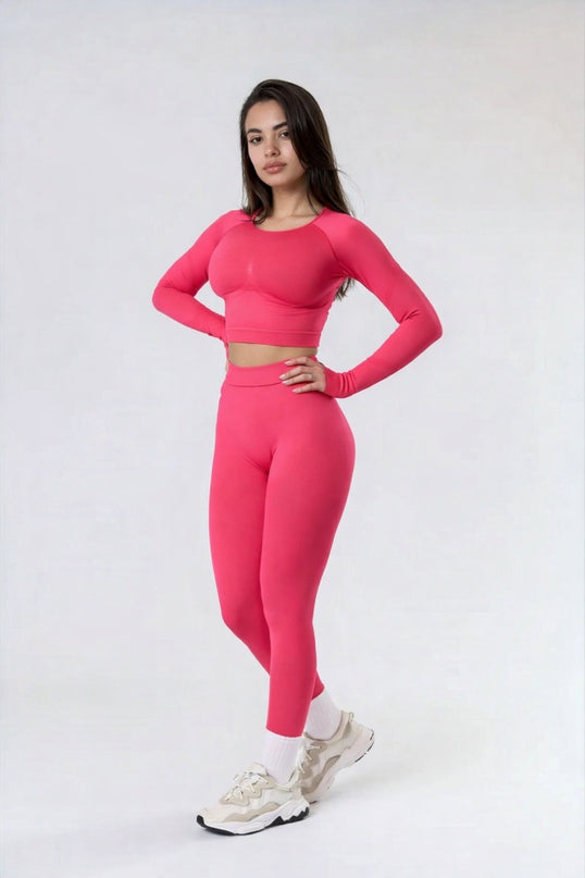 Set Roz din Două Piese cu Top și Colanți, Design Seamless, Efect Push-up Evidențierea Siluetei, Inclusiv Bluza cu Mâneci Lungi