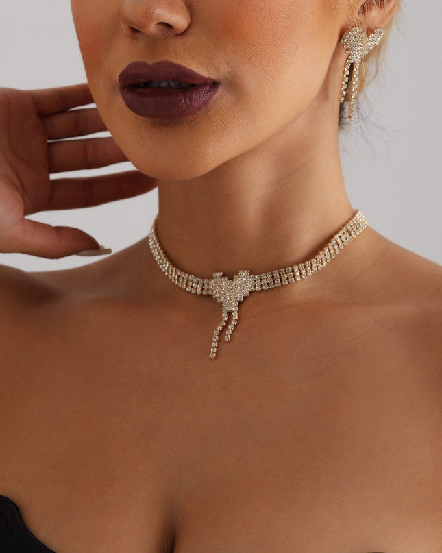 Set Bijuterii Femei Lant Choker Elegant Si Cercei Statement Cu Cristale Zirconiu