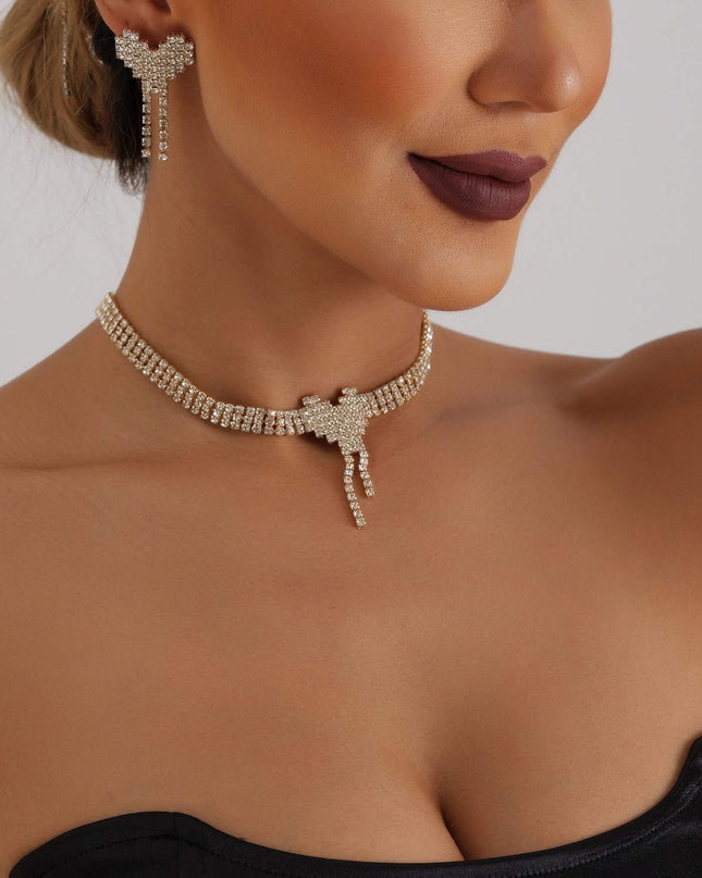 Set Bijuterii Femei Lant Choker Elegant Si Cercei Statement Cu Cristale Zirconiu