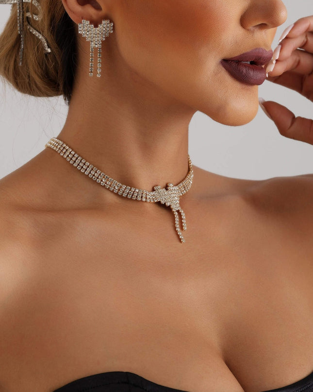 Set Bijuterii Femei Lant Choker Elegant Si Cercei Statement Cu Cristale Zirconiu