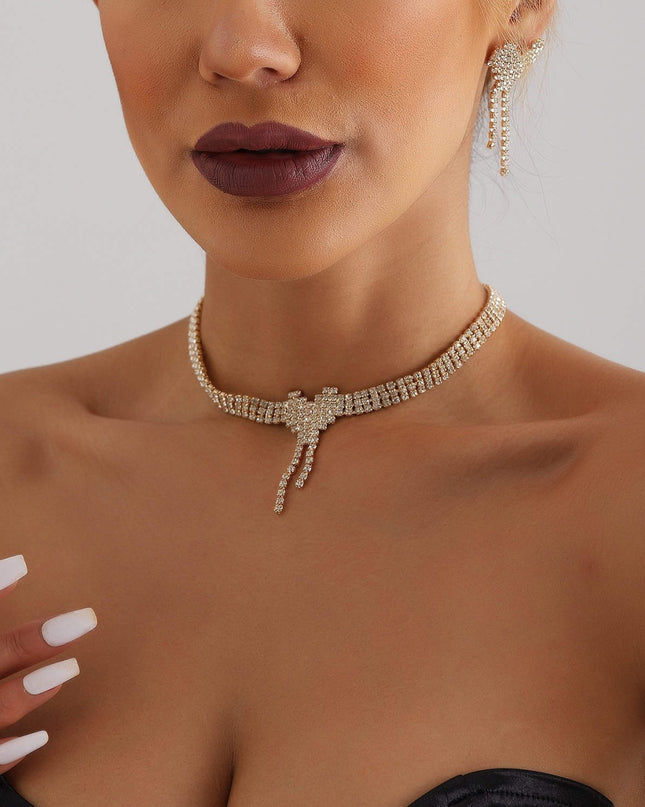 Set Bijuterii Femei Lant Choker Elegant Si Cercei Statement Cu Cristale Zirconiu