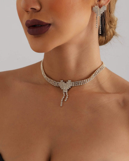 Set Bijuterii Femei Lant Choker Elegant Si Cercei Statement Cu Cristale Zirconiu