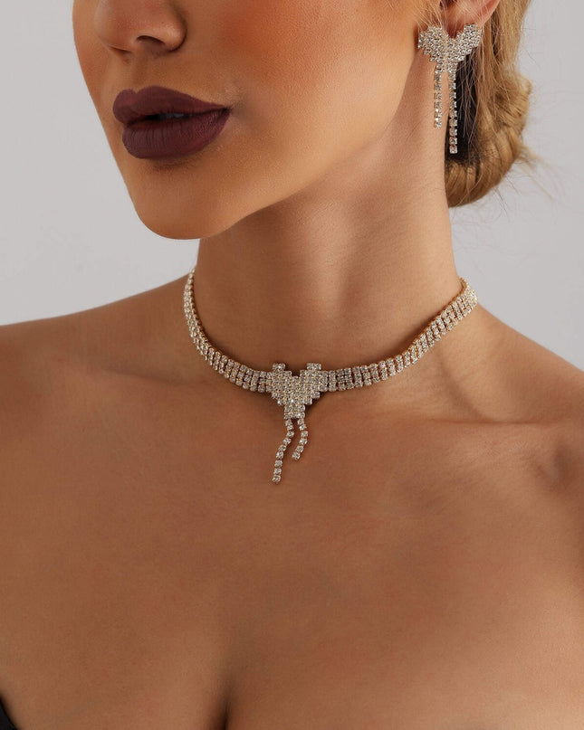 Set Bijuterii Femei Lant Choker Elegant Si Cercei Statement Cu Cristale Zirconiu