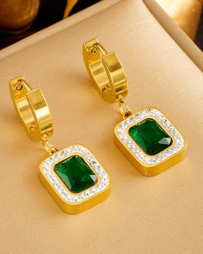Set Bijuterii Placat Aur 18k, Lant 39+5cm, Bratara 17+5cm, Cercei Si Piatra Verde Smarald