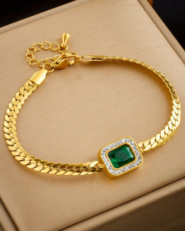 Set Bijuterii Placat Aur 18k, Lant 39+5cm, Bratara 17+5cm, Cercei Si Piatra Verde Smarald