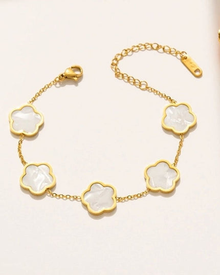 Set Bijuterii Placate Aur 18k, Floare Alba Sidef – Lant Colier, Cercei Si Bratara Asortate