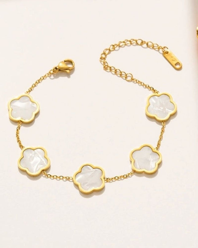 Set Bijuterii Placate Aur 18k, Floare Alba Sidef – Lant Colier, Cercei Si Bratara Asortate