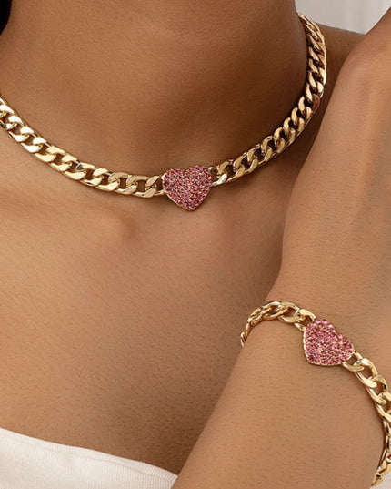 Set Bijuterii Stil Cuban, Lant Si Bratara Gros Auriu Cu Inima Pink Zircon, Accesorii Statement