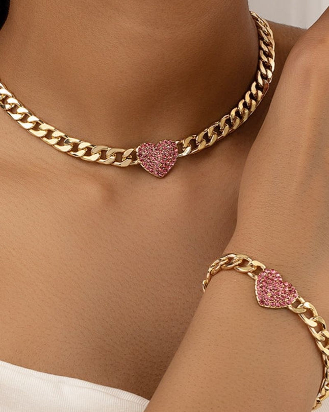 Set Bijuterii Stil Cuban, Lant Si Bratara Gros Auriu Cu Inima Pink Zircon, Accesorii Statement