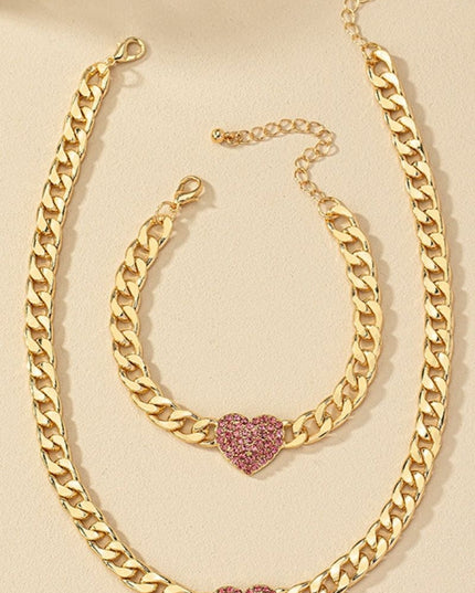Set Bijuterii Stil Cuban, Lant Si Bratara Gros Auriu Cu Inima Pink Zircon, Accesorii Statement