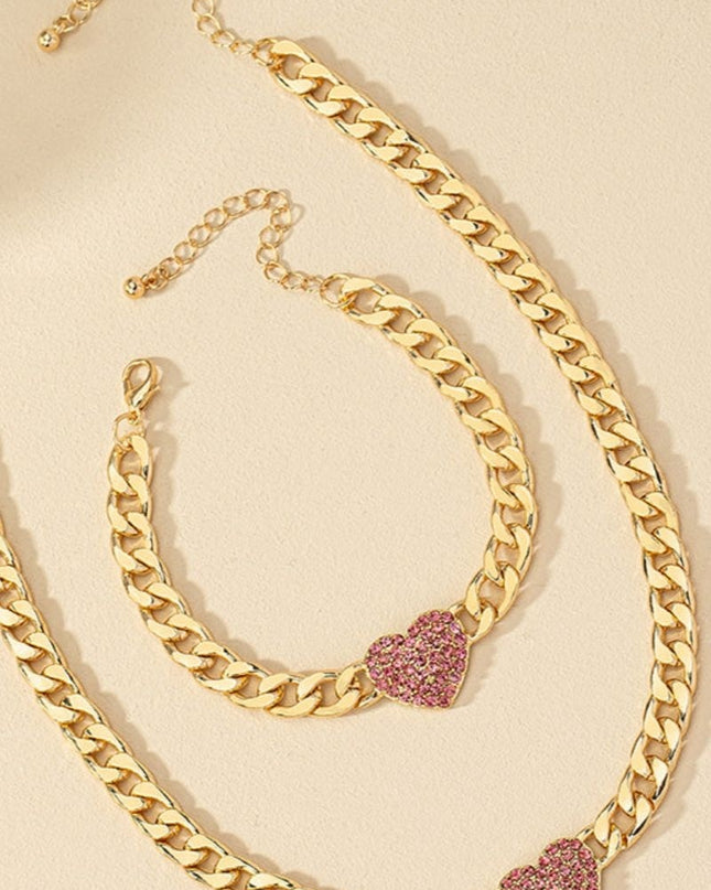 Set Bijuterii Stil Cuban, Lant Si Bratara Gros Auriu Cu Inima Pink Zircon, Accesorii Statement