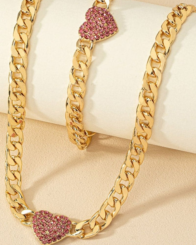 Set Bijuterii Stil Cuban, Lant Si Bratara Gros Auriu Cu Inima Pink Zircon, Accesorii Statement