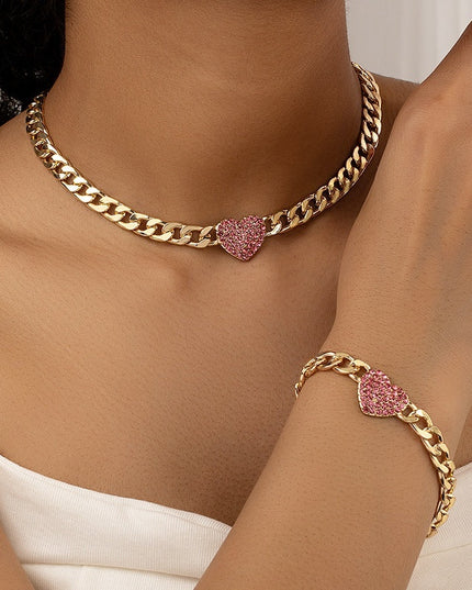 Set Bijuterii Stil Cuban, Lant Si Bratara Gros Auriu Cu Inima Pink Zircon, Accesorii Statement