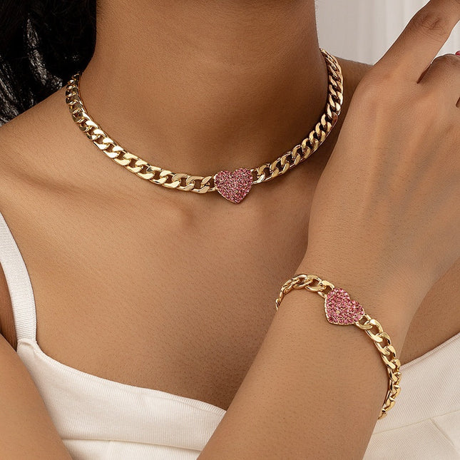 Set Bijuterii Stil Cuban, Lant Si Bratara Gros Auriu Cu Inima Pink Zircon, Accesorii Statement