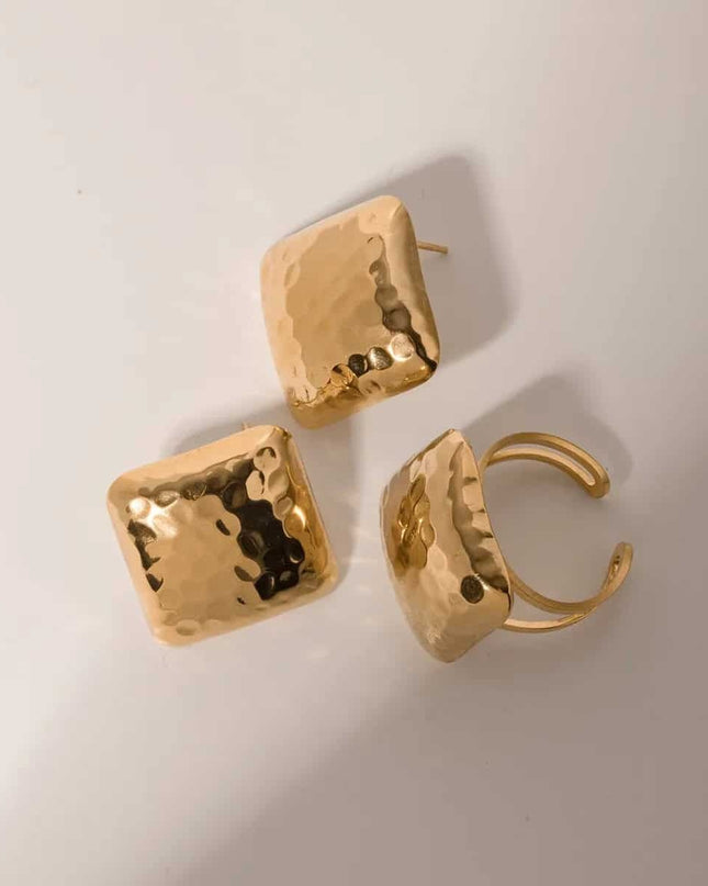 Set Cercei Si Inel Femei, Placat Aur 14k, Model Vintage Modern, Accesorii Elegante
